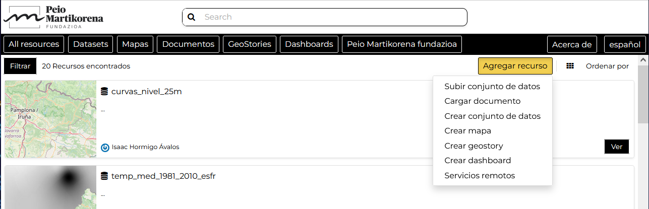 Carga de conjunto de datos desde la página Todos los recursos
