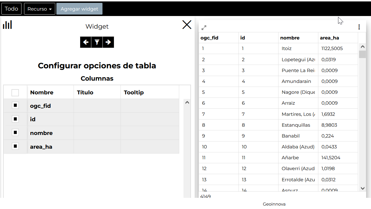 Widget de Tabla