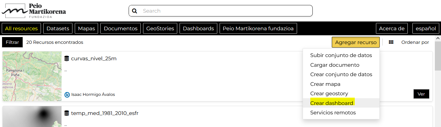 Crear panel de control desde la página de Todos los Recursos