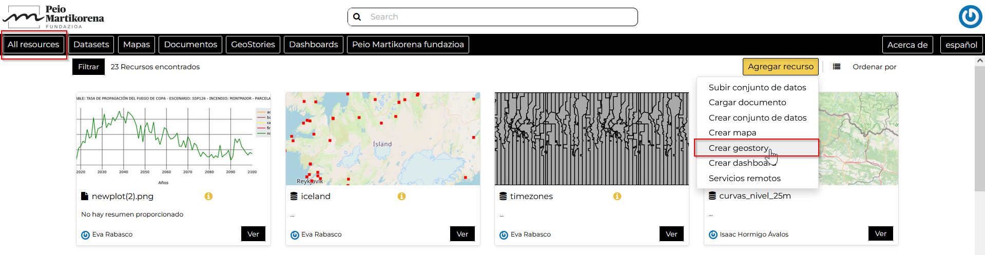 Crear geostory desde la página de Todos los Recursos